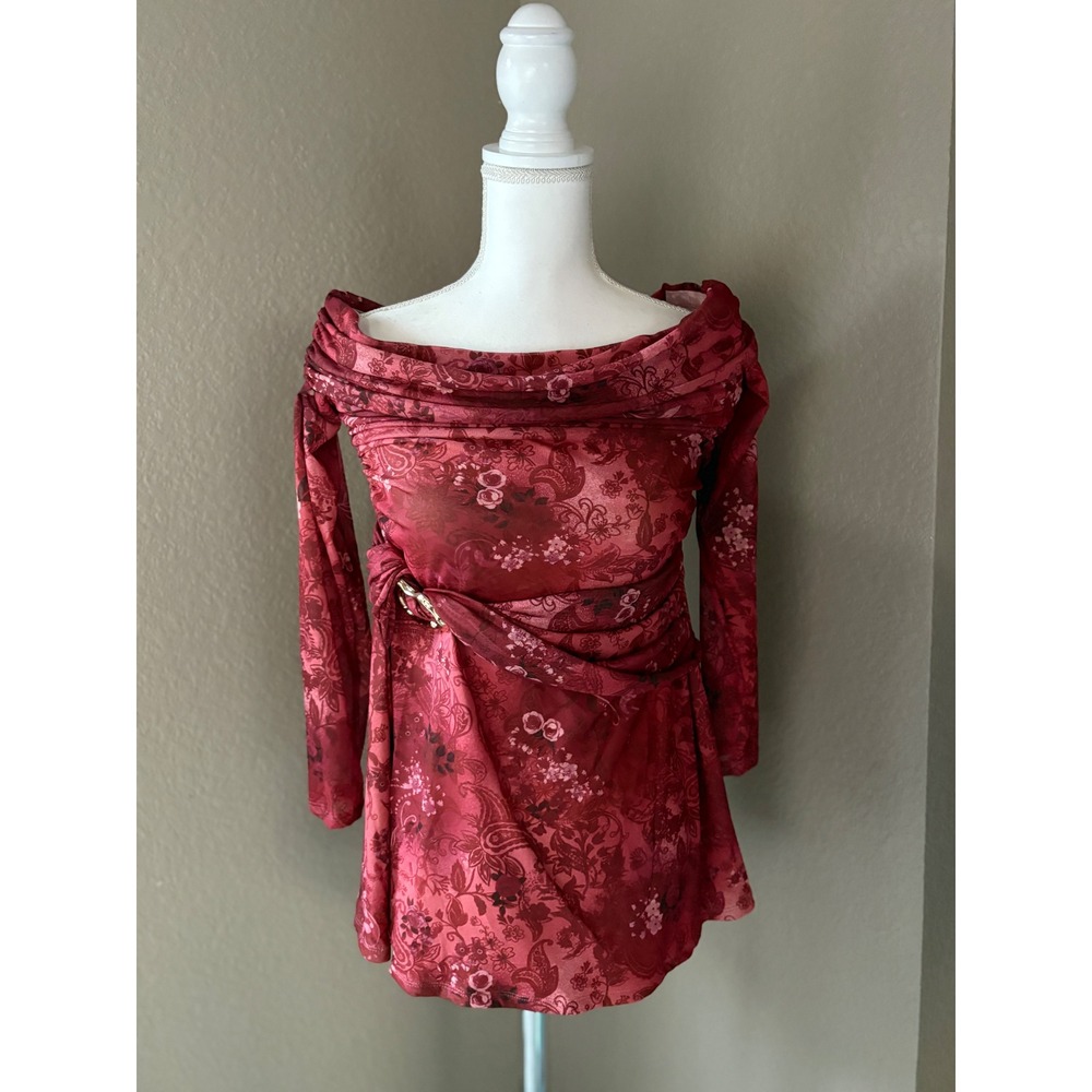 SHEIN Curve Red Floral Off Shoulder Mesh Ruched Bodycon Top Dress 0XL 1000318